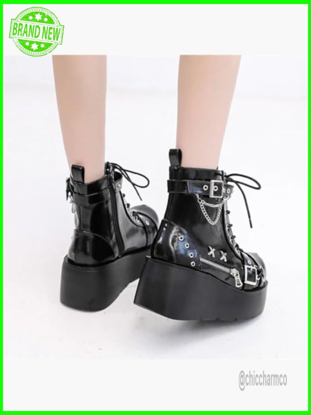 Gothic Chunky Block Heel Platform Ankle Boots with Bat Wing Buckle Punk Combat - Picture 4 of 6